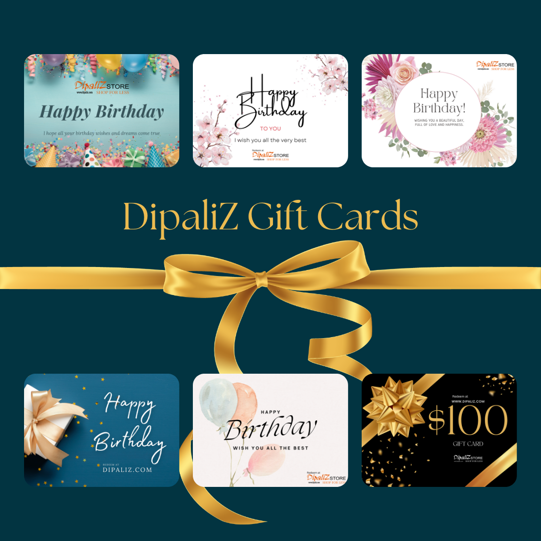 Collection of birthday-themed gift cards from DipaliZ featuring floral designs and gold accents