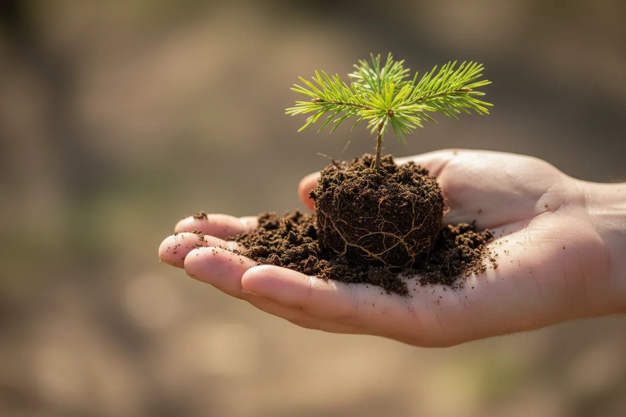 A hand with dirt and a sapling of white pine tree