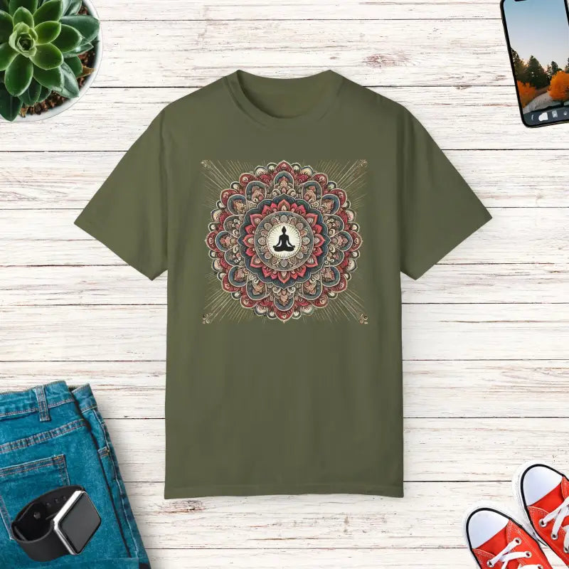 Chill Vibes Comfort Colors Tee: Person Meditating Inside Mandala - Hemp / s T-shirt