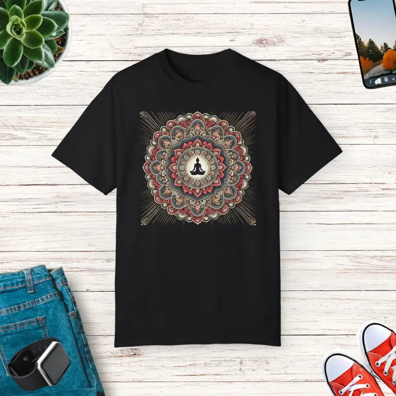 Chill Vibes Comfort Colors Tee: Person Meditating Inside Mandala - Black / s T-shirt