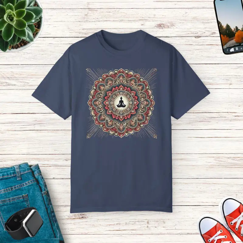 Chill Vibes Comfort Colors Tee: Person Meditating Inside Mandala - Midnight / s T-shirt