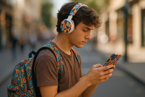 A photorealistic image of a student walking on a street wearing geometric pattern headphones with printed AirPods design, looking at a mobile phone with a vibrant printed case featuring geometric patterns, carrying a printed backpack with stylish designs. All accessories feature distinct, eye-catching printed patterns and designs with natural lighting and defocused street background.