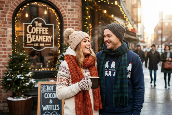 Winter knit scarf with pom-pom, orange and white patterned design