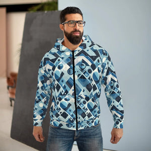 Abstract Blue Checkered Zip Hoodie – Unisex Style - Dipaliz - Hoodies