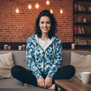 Abstract Blue Checkered Zip Hoodie – Unisex Style - Dipaliz - Hoodies