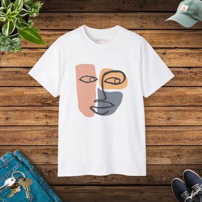 Bold Style Ultra Cotton Tee with Abstract Face Art - White / s T-shirt