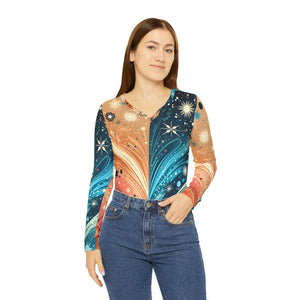 Split Galaxy Cosmic Pattern Women’s Long Sleeve V-neck Shirt (aop) - T-shirts - Xs