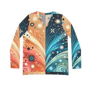 Split Galaxy Cosmic Pattern Women’s Long Sleeve V-neck Shirt (aop) - T-shirts - Xs