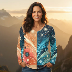 Split Galaxy Cosmic Pattern Women’s Long Sleeve V-neck Shirt (aop) - T-shirts - Xs