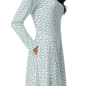 Long Sleeve Midi Dress – Teal Abstract Jersey - Dipaliz - Dresses - Xs