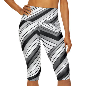 Abstract Yoga Capri Leggings - Black Striped Activewear - Dipaliz