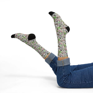 Abstract Neon Skull Sublimation Socks, Creepy Grunge Halloween Crew
