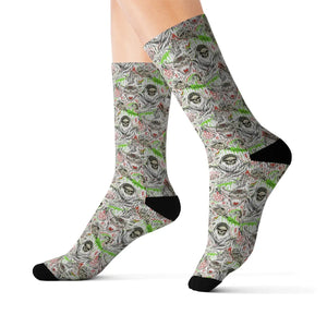 Abstract Neon Skull Sublimation Socks, Creepy Grunge Halloween Crew