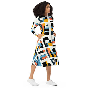 Abstract Pattern Midi Dress – Eco-friendly Cotton - Dipaliz - Dresses - Xs