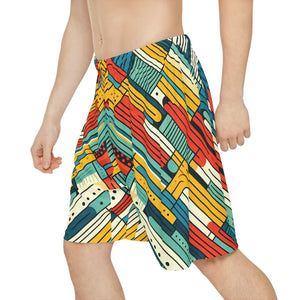 Striking Red Sports Shorts - Abstract Striped Design - Dipaliz