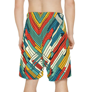 Striking Red Sports Shorts - Abstract Striped Design - Dipaliz