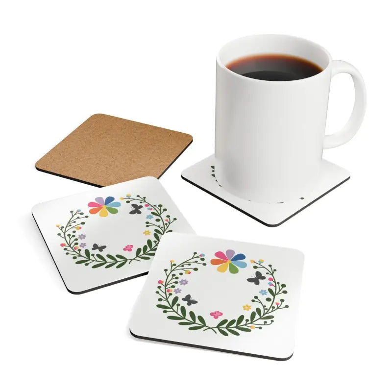 Elegant Flowers Corkwood Coaster Set for Stylish Spaces - Cork / 3.75’’ × / Square Home Decor