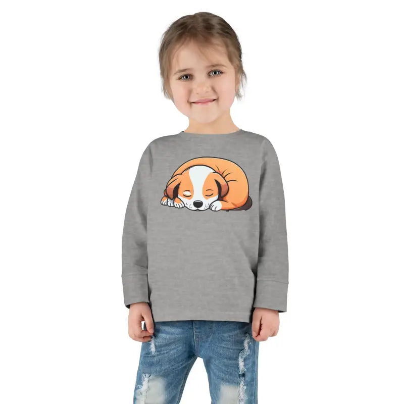 Adorable Cute Dog Sleeping Toddler Long Sleeve Tee - Heather / 2t Kids Clothes