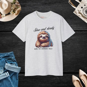 Sloth T-shirt Slow and Steady Wins the Adorable Race Unisex Ultra Cotton Tee - Ash / s - T-shirts