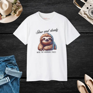 Sloth T-shirt Slow and Steady Wins the Adorable Race Unisex Ultra Cotton Tee - White / s - T-shirts