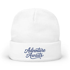 Adventure Awaits Embroidered Beanie - Soft Cotton Knit - Dipaliz - one Size / White - Beanies