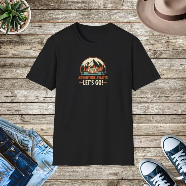 Retro Camping Mountain Tee - Adventure Awaits Lightweight Cotton - Dipaliz - Black / s - T-shirt