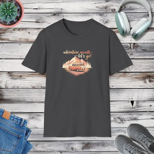 Vintage Camper Road Trip Tee - Adventure Awaits Design - Dipaliz - Dark Heather / s - T-shirt