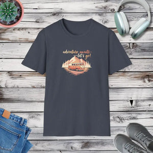 Vintage Camper Road Trip Tee - Adventure Awaits Design - Dipaliz - Heather Navy / s - T-shirt