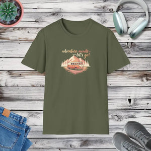 Vintage Camper Road Trip Tee - Adventure Awaits Design - Dipaliz - Military Green / s - T-shirt