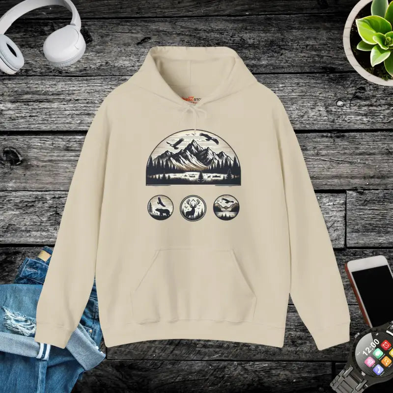 Mountain Ready: Unisex Heavy Blend Hoodie for Cozy Travels - Sand / s