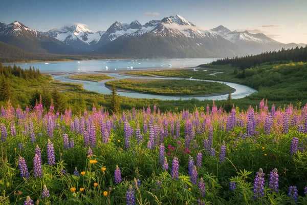 Alaska spring with wildflowers and river