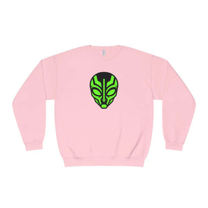 Alien Mask Crewneck Sweatshirt - Neon Green Tribal Sci‑fi Graphic - Sweatshirts