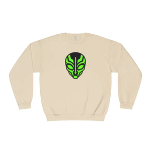 Alien Mask Crewneck Sweatshirt - Neon Green Tribal Sci‑fi Graphic - Sweatshirts