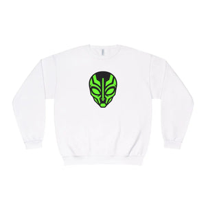 Alien Mask Crewneck Sweatshirt - Neon Green Tribal Sci‑fi Graphic - Sweatshirts
