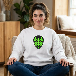 Alien Mask Crewneck Sweatshirt - Neon Green Tribal Sci‑fi Graphic - Sweatshirts