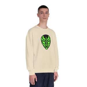 Alien Mask Crewneck Sweatshirt - Neon Green Tribal Sci‑fi Graphic - Sweatshirts