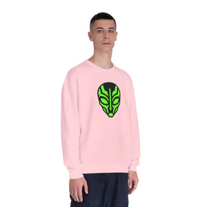 Alien Mask Crewneck Sweatshirt - Neon Green Tribal Sci‑fi Graphic - Sweatshirts