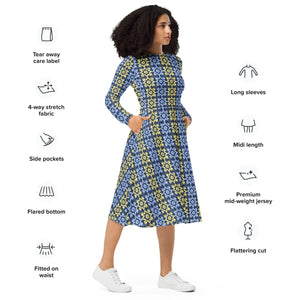Blue and Yellow Long Sleeve Midi – Polyester - Dipaliz - Dresses - Xs