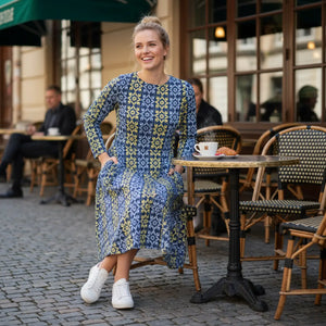 Blue and Yellow Long Sleeve Midi – Polyester - Dipaliz - Dresses - Xs