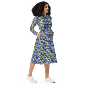 Blue and Yellow Long Sleeve Midi – Polyester - Dipaliz - Dresses - Xs