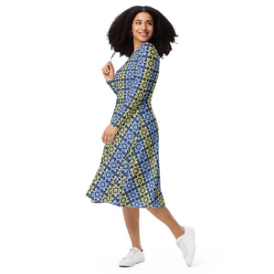 Blue and Yellow Long Sleeve Midi – Polyester - Dipaliz - Dresses - Xs