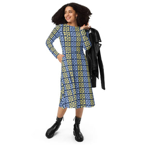Blue and Yellow Long Sleeve Midi – Polyester - Dipaliz - Dresses - Xs