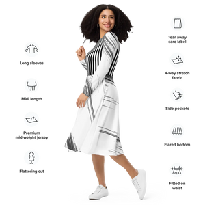 Print Long Sleeve Midi Dress – Boat Neck - Dipaliz - Dresses - Xs