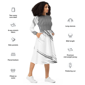 Print Long Sleeve Midi Dress – Boat Neck - Dipaliz - Dresses - Xs
