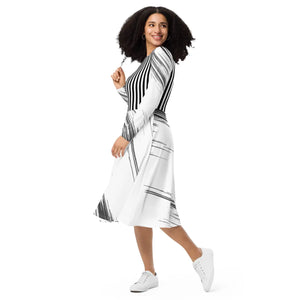 Print Long Sleeve Midi Dress – Boat Neck - Dipaliz - Dresses - Xs