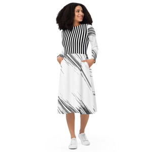 Print Long Sleeve Midi Dress – Boat Neck - Dipaliz - Dresses - Xs