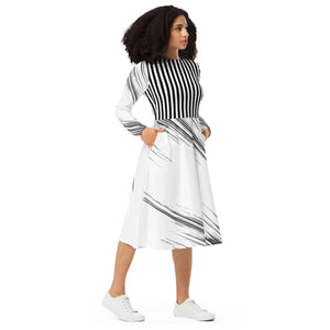 Print Long Sleeve Midi Dress – Boat Neck - Dipaliz - Dresses - Xs