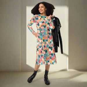 Long Sleeve Midi Dress Pastel Geometrical Shapes Bold Style Dipaliz - Dresses