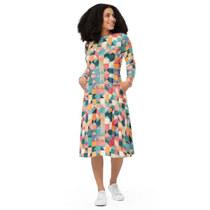 Long Sleeve Midi – Pastel Geometrical Shapes - Dipaliz - Dresses - Xs