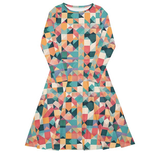 Long Sleeve Midi – Pastel Geometrical Shapes - Dipaliz - Dresses - Xs